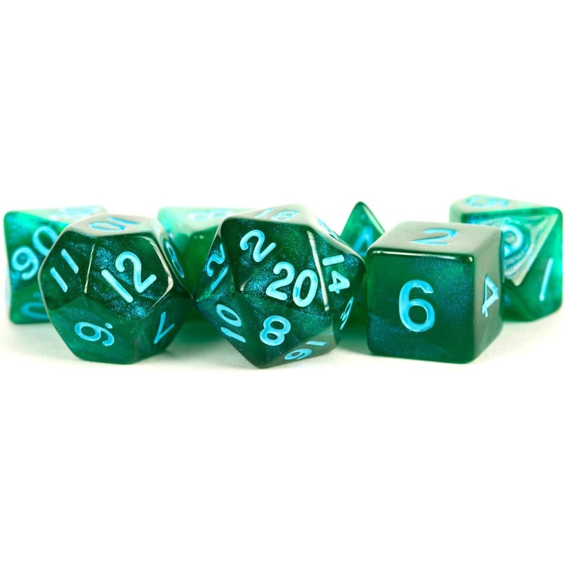 16mm Acrylic Stardust Poly Dice Set: Green with Blue Numbers