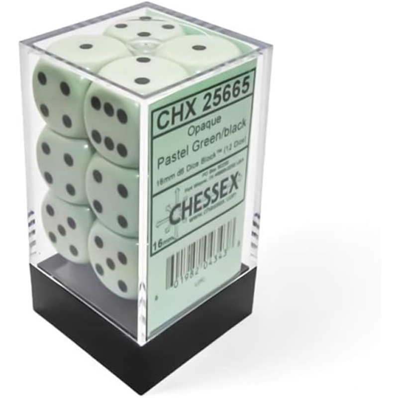 Chessex – Opaque Pastel Green/Black 16mm d6 (12 dice) 25665