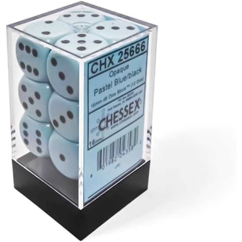 Chessex – Opaque Pastel Blue/Black 16mm d6 Dice – 12 dice