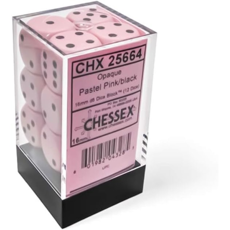 Chessex – Opaque Pink/Black 16mm d6 (12 dice) 25664