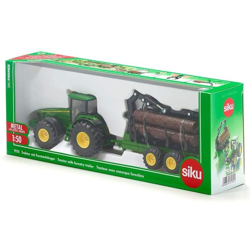 SIKU 1954 JOHN DEERE TRACTOR WITH FORESTRY TRAILER 1:50TH SCALE