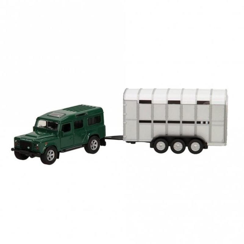 KIDS GLOBE FARMING DIE CAST LAND ROVER DEFENDER WITH CATTLE TRAILER
