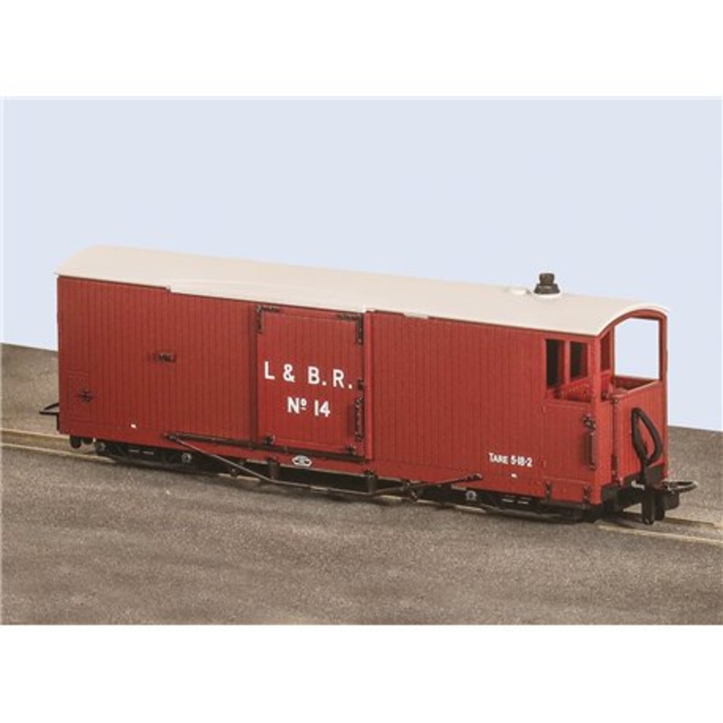PECO GR-GR-240BO  Lynton & Barnstaple 8 ton Bogie Goods Brake Van, Red, No.14, Open Veranda OO9 SCALE